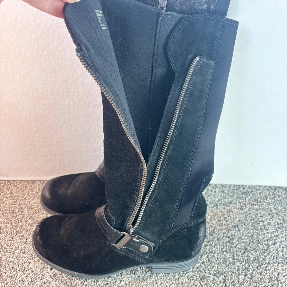 Earth Origins Black Suede Tall Boots Women Mixed Media Buckle Strap Zip Size 8